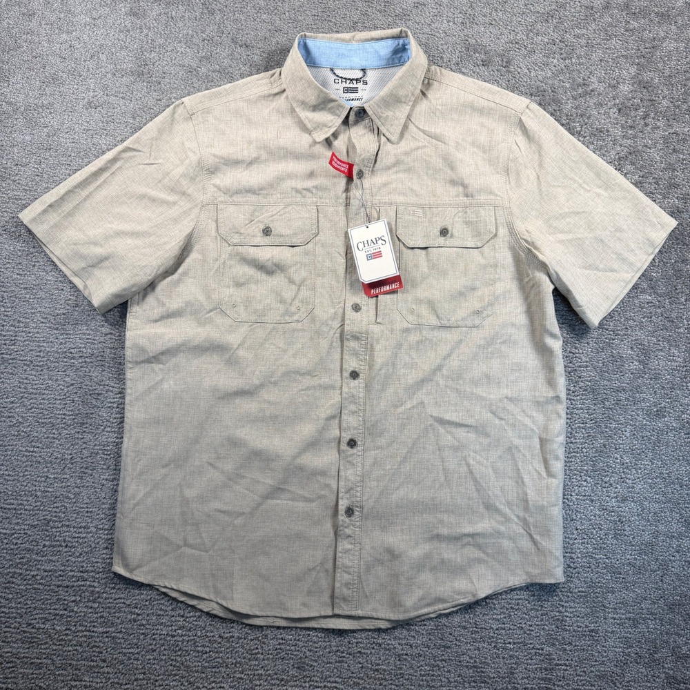 Chaps Mens Pale Khaki Everyday Performance Short Sleeve Shirt L Fishing NWT